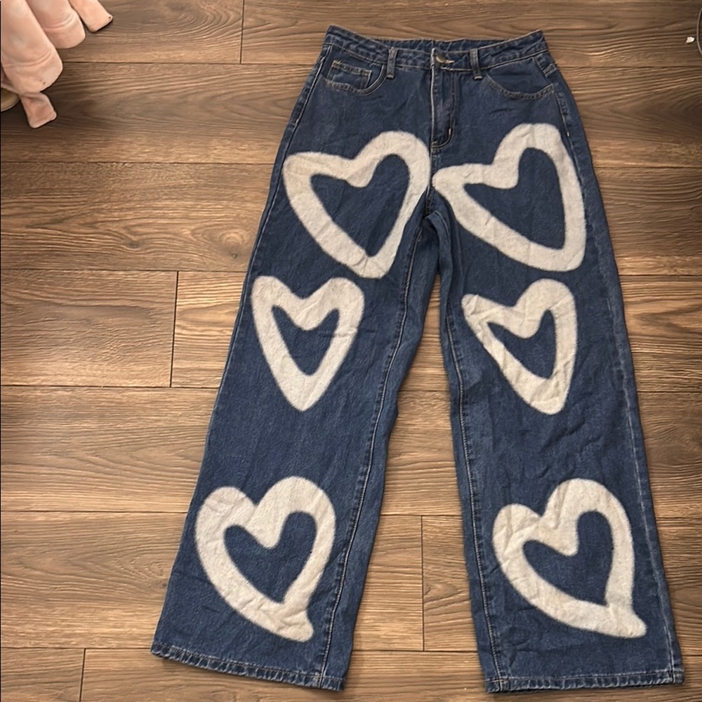 SHEIN Blue and White Flare Heart Jeans